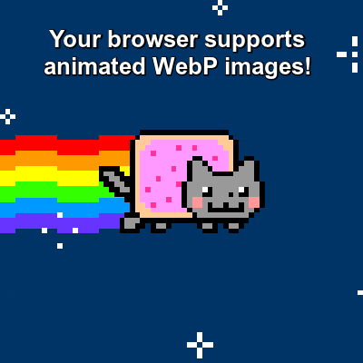 Animated WebP example: the classic Nyan Cat test image with the caption "Your browser supports animated WebP images!"