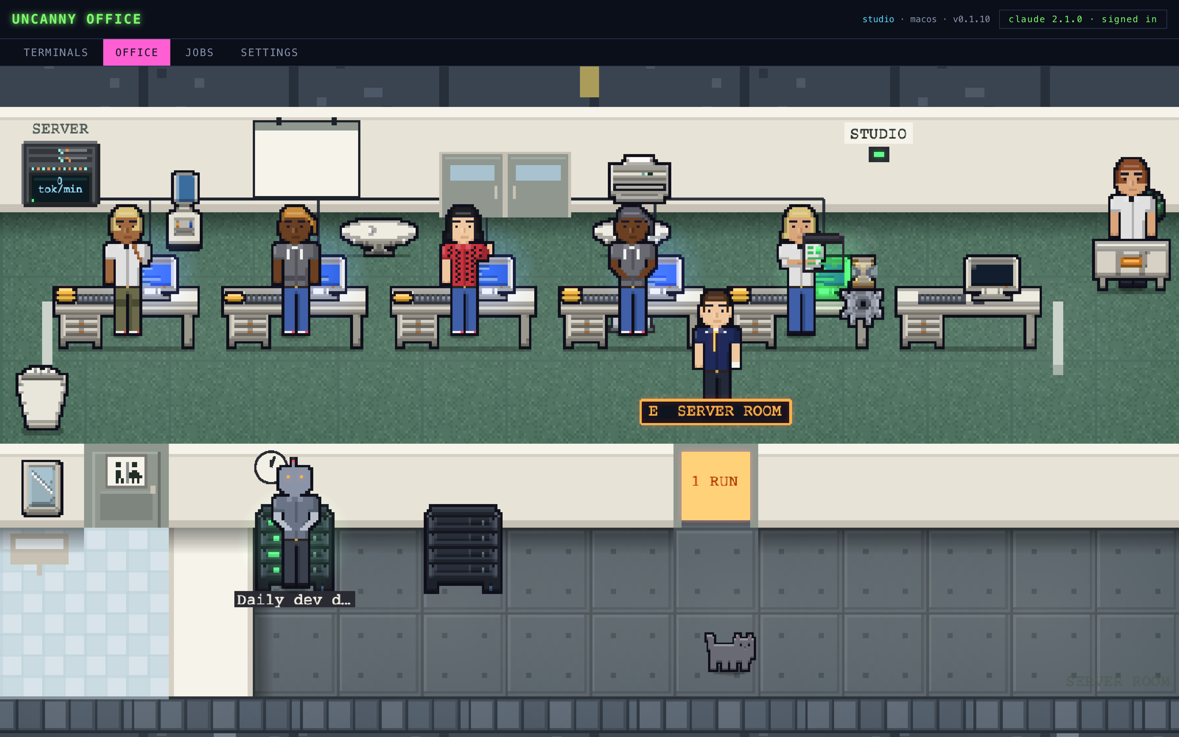 The Uncanny Office floor: a pixel-art worker at a desk for every Claude Code session